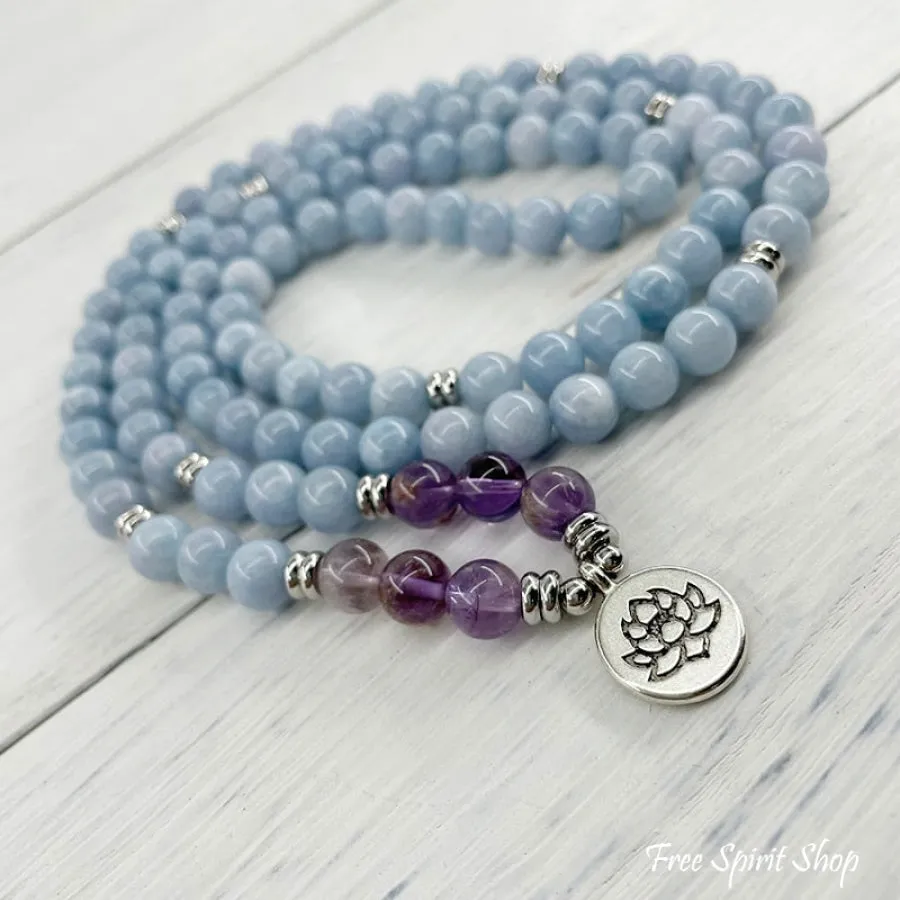 108 Natural Blue Calcite & Amethyst Mala Bead Bracelet