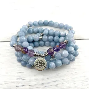 108 Natural Blue Calcite & Amethyst Mala Bead Bracelet