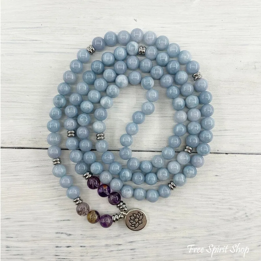 108 Natural Blue Calcite & Amethyst Mala Bead Bracelet