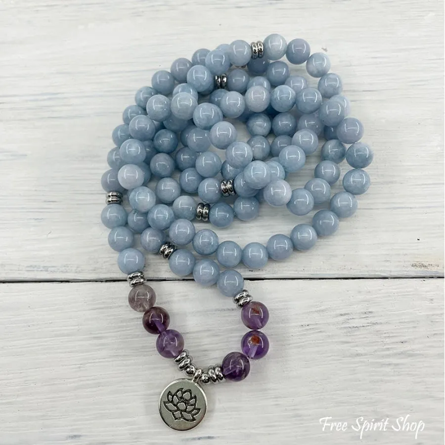 108 Natural Blue Calcite & Amethyst Mala Bead Bracelet