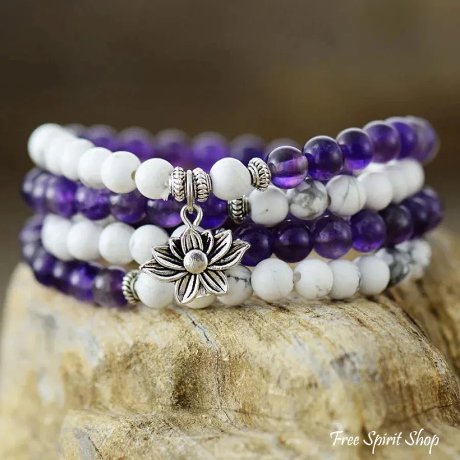 108 Natural Howlite & Amethyst Mala Bead Bracelet