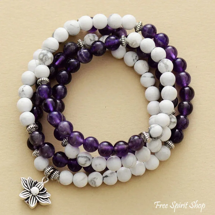 108 Natural Howlite & Amethyst Mala Bead Bracelet