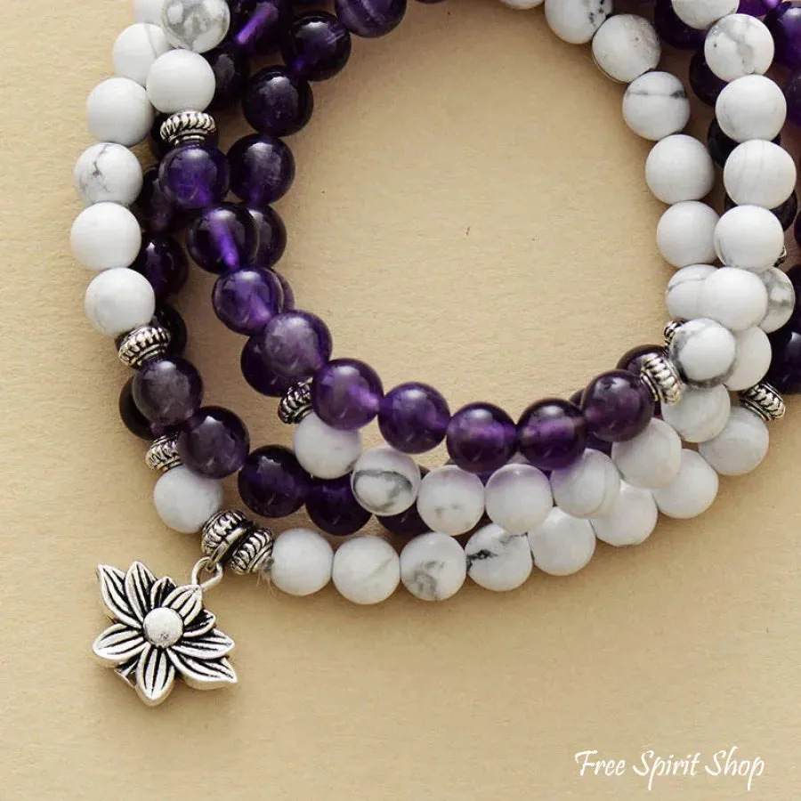 108 Natural Howlite & Amethyst Mala Bead Bracelet