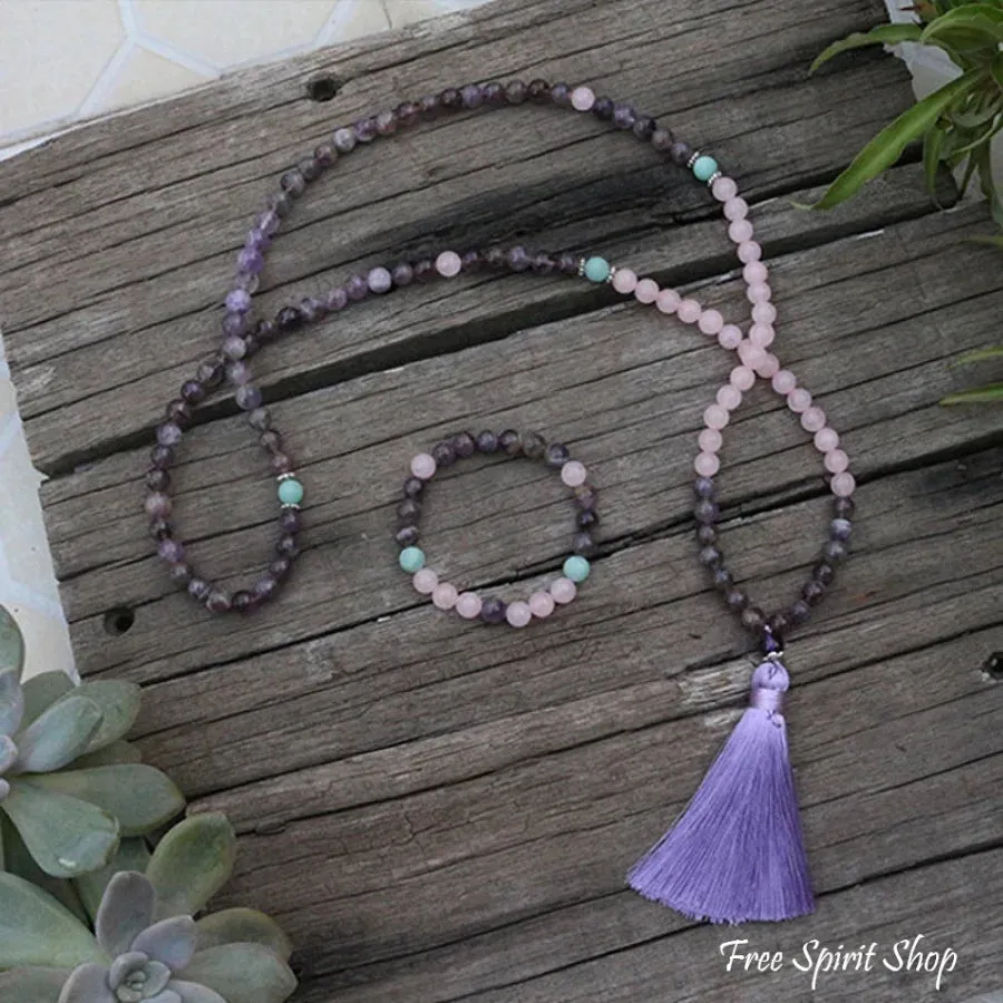 108 Natural Rose Quartz & Amethyst Mala Beads Necklace / Bracelet