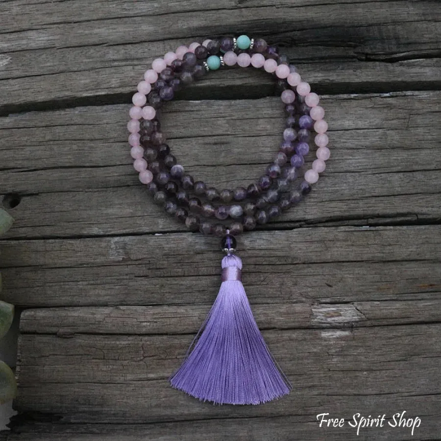 108 Natural Rose Quartz & Amethyst Mala Beads Necklace / Bracelet