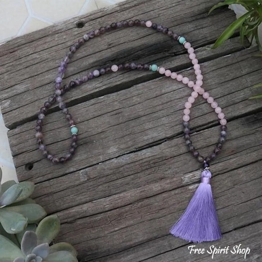 108 Natural Rose Quartz & Amethyst Mala Beads Necklace / Bracelet