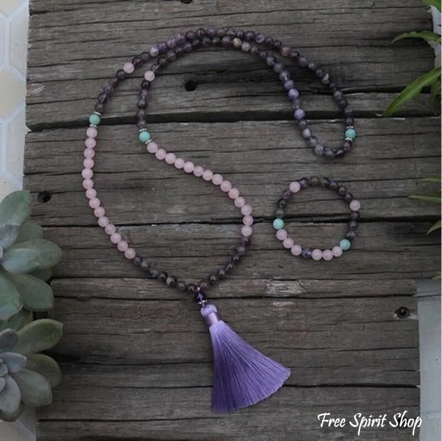 108 Natural Rose Quartz & Amethyst Mala Beads Necklace / Bracelet