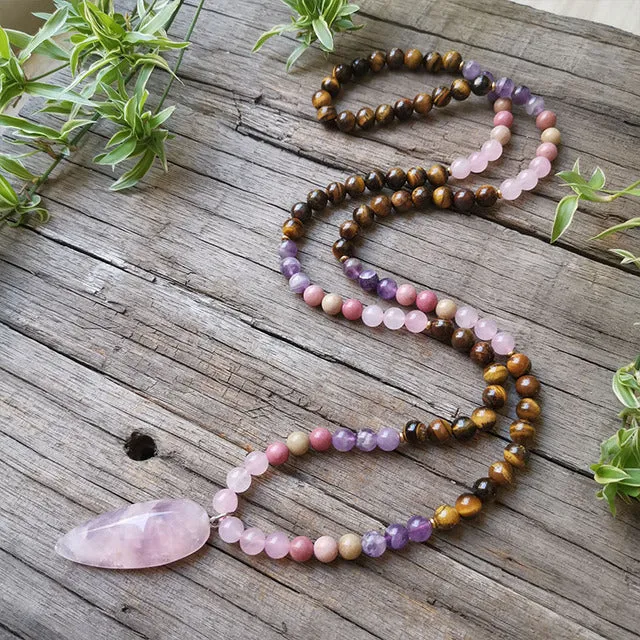 108 Natural Rose Quartz Tiger Eye Amethyst & Rhodonite Mala Bead Necklace