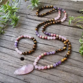 108 Natural Rose Quartz Tiger Eye Amethyst & Rhodonite Mala Bead Necklace