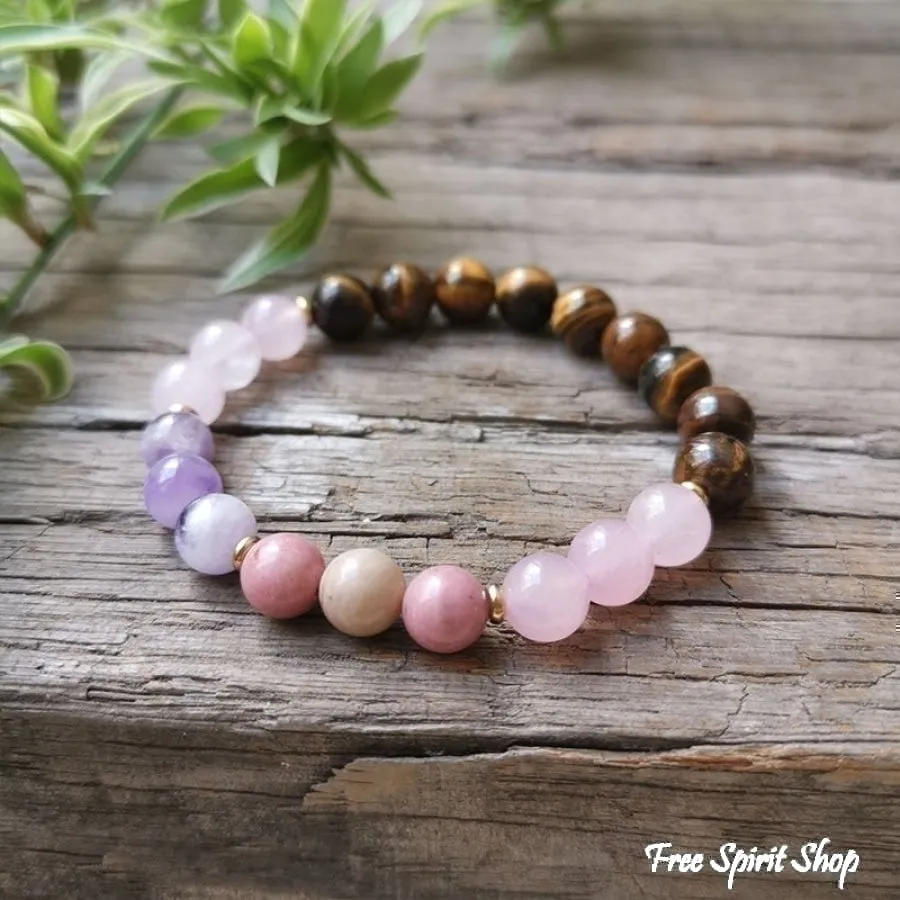 108 Natural Rose Quartz Tiger Eye Amethyst & Rhodonite Mala Bead Necklace