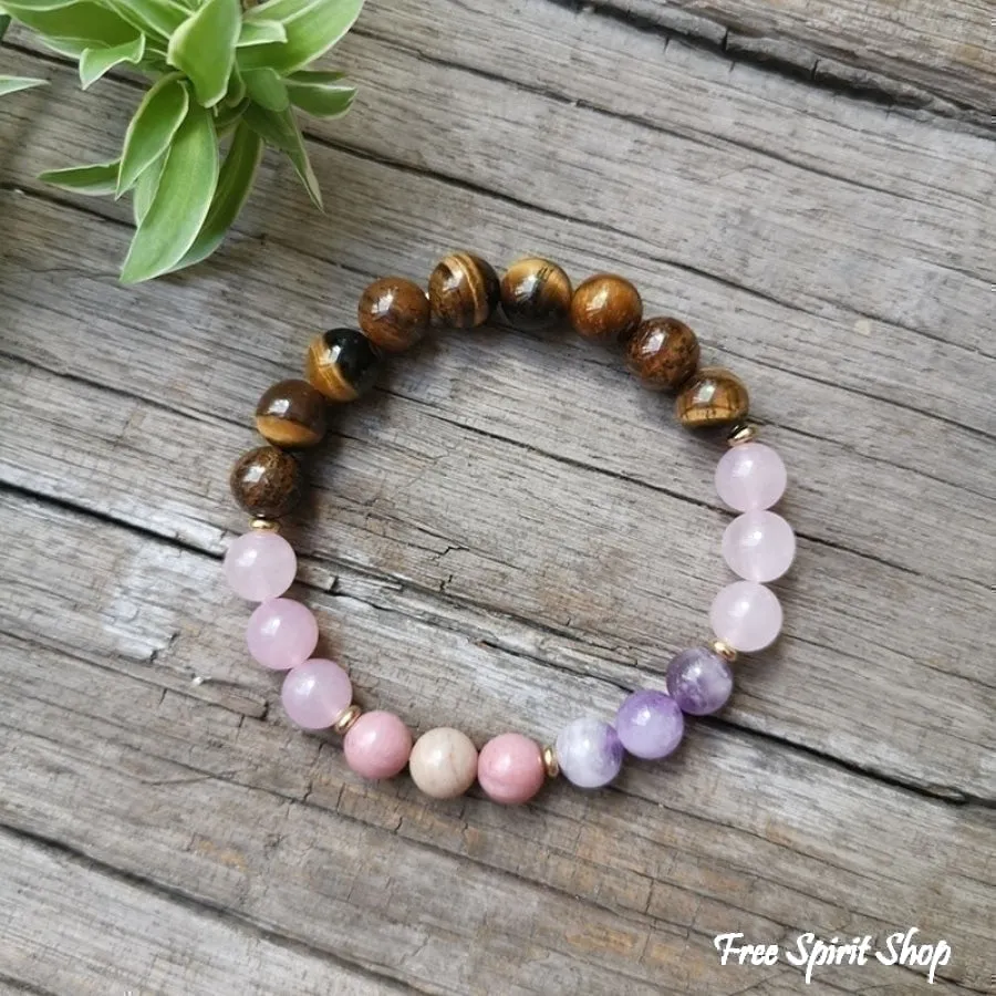 108 Natural Rose Quartz Tiger Eye Amethyst & Rhodonite Mala Bead Necklace