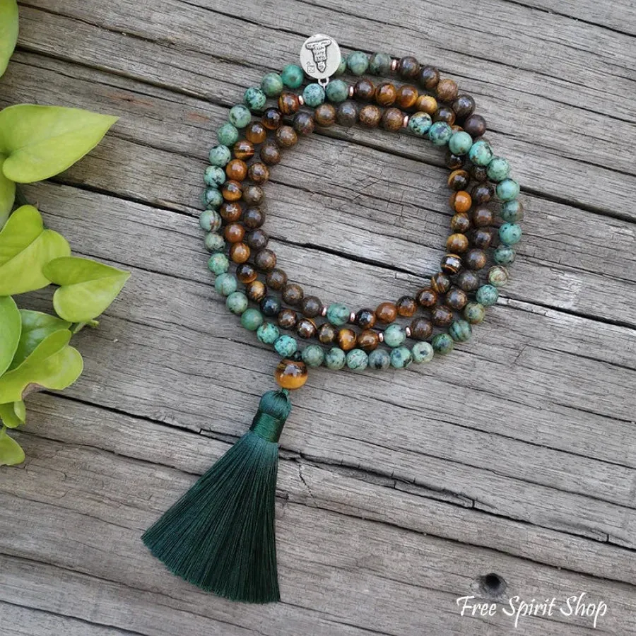 108 Natural Tiger Eye Bronzite & African Turquoise Mala Beads