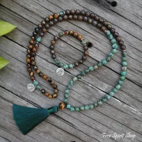 108 Natural Tiger Eye Bronzite & African Turquoise Mala Beads