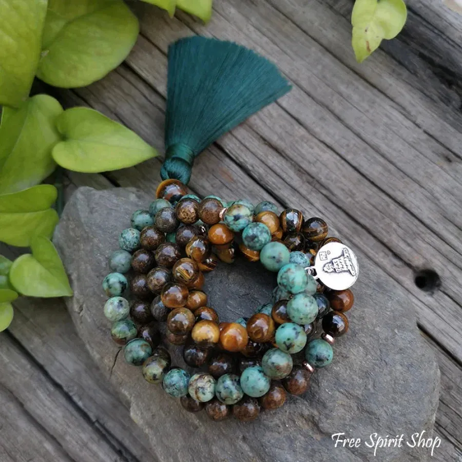 108 Natural Tiger Eye Bronzite & African Turquoise Mala Beads