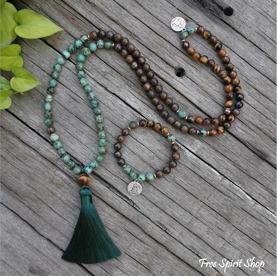 108 Natural Tiger Eye Bronzite & African Turquoise Mala Beads