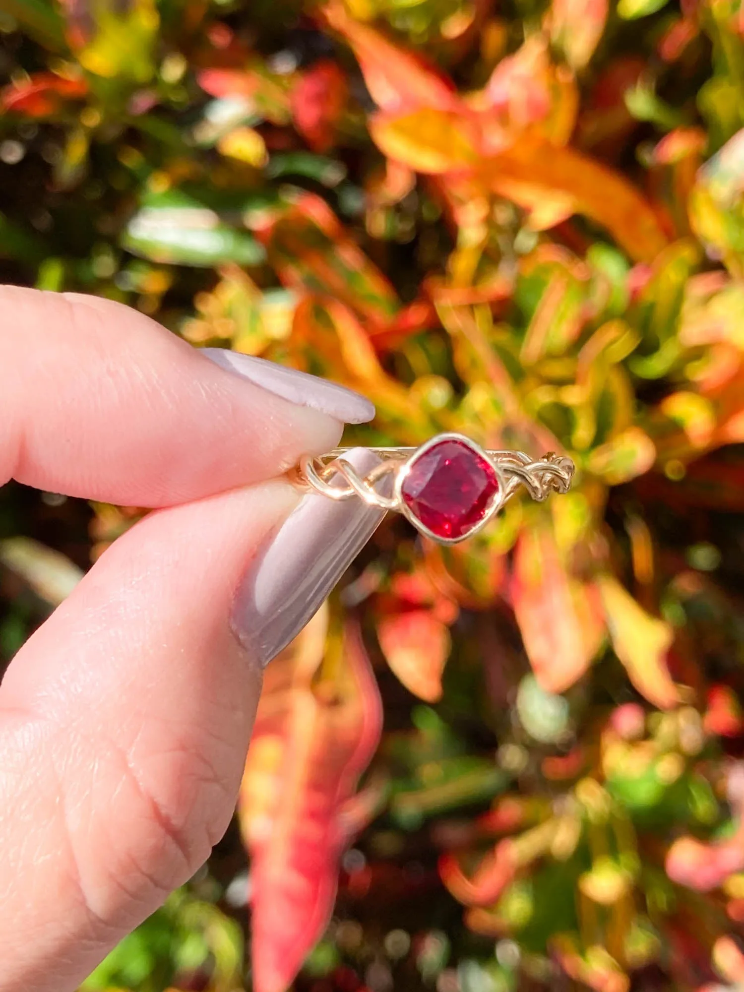 1.29ct Lab Ruby Bezel Set Engagement Ring with Twist Band 18K Gold OOAK R6450