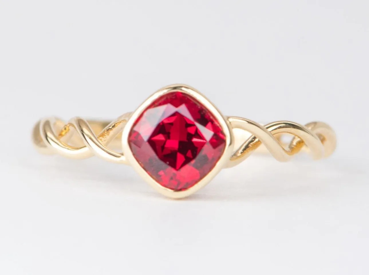 1.29ct Lab Ruby Bezel Set Engagement Ring with Twist Band 18K Gold OOAK R6450