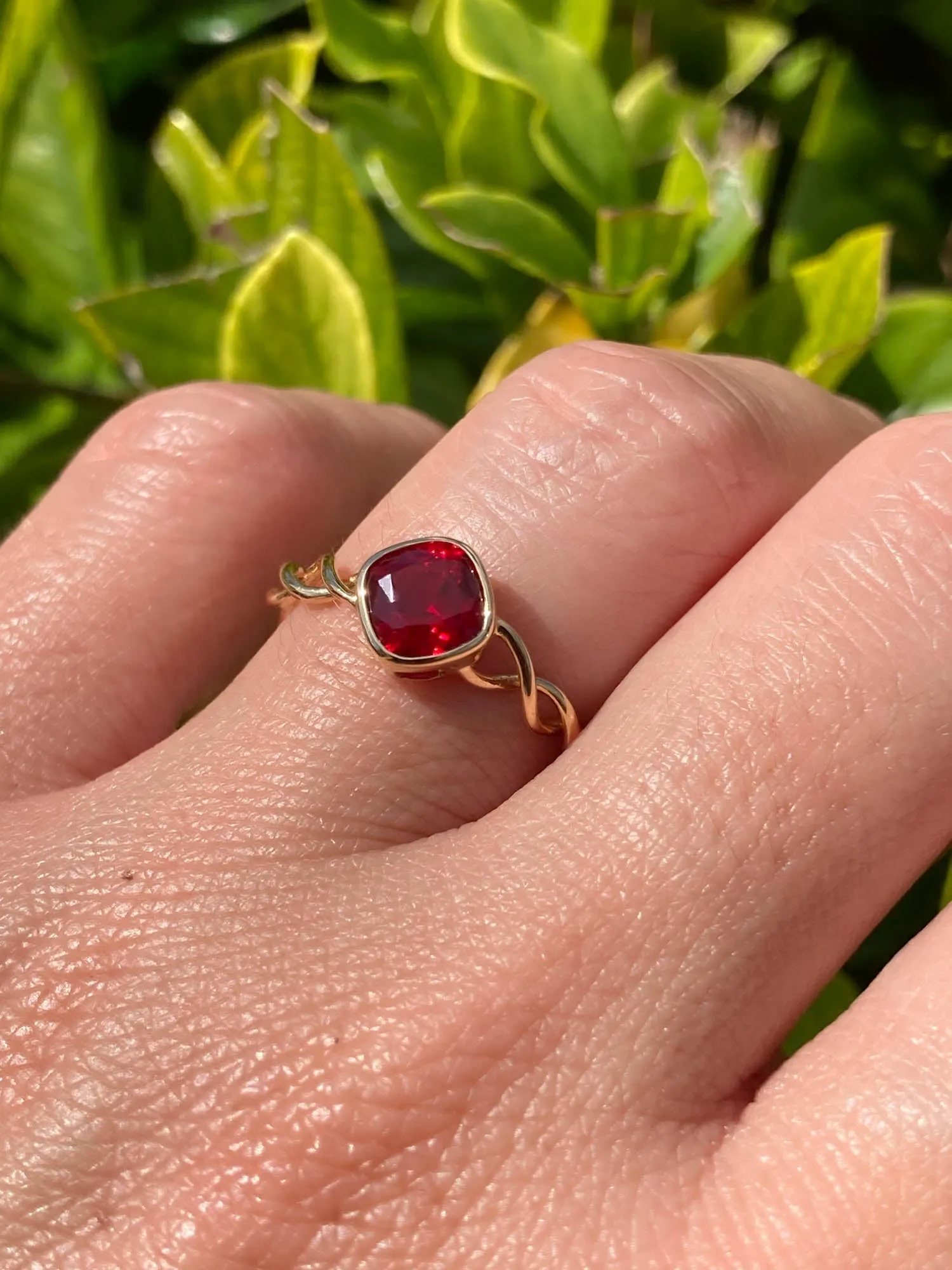 1.29ct Lab Ruby Bezel Set Engagement Ring with Twist Band 18K Gold OOAK R6450