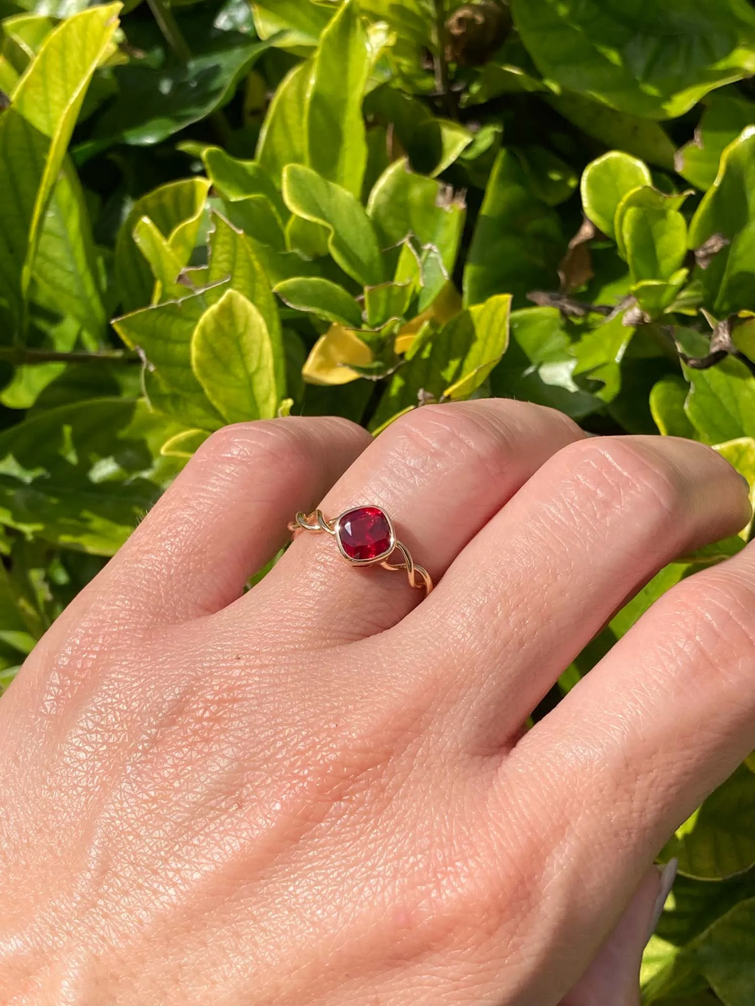 1.29ct Lab Ruby Bezel Set Engagement Ring with Twist Band 18K Gold OOAK R6450