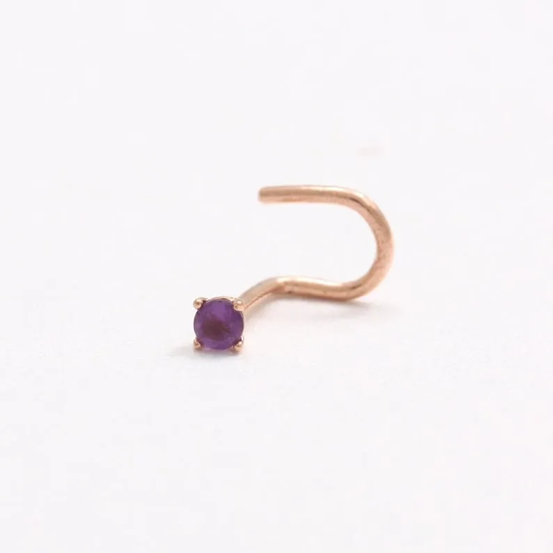 14K 18K Solid Gold Four Prongs Natural Genuine Amethyst Nose Stud Nostril Screw Piercing