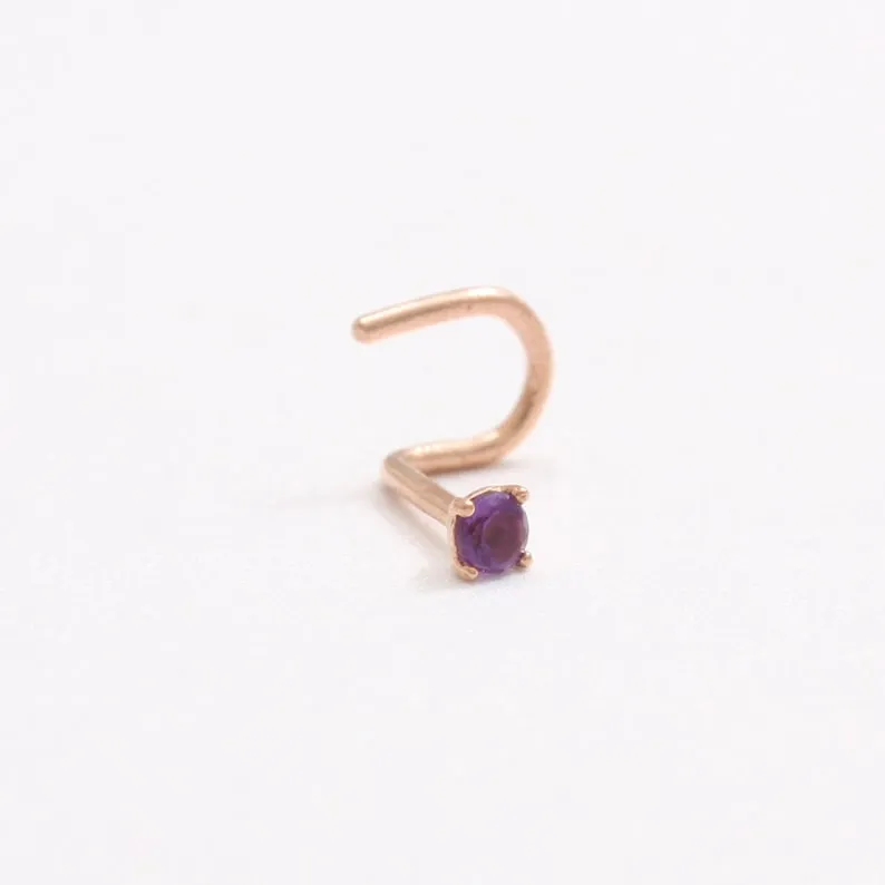 14K 18K Solid Gold Four Prongs Natural Genuine Amethyst Nose Stud Nostril Screw Piercing