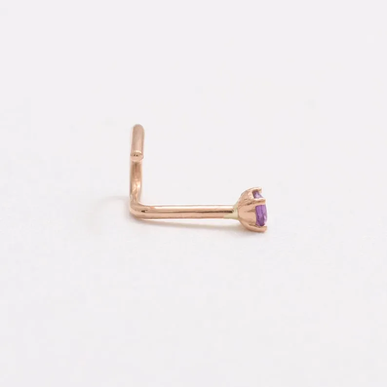 14K 18K Solid Gold Four Prongs Natural Genuine Amethyst Nose Stud Nostril Screw Piercing