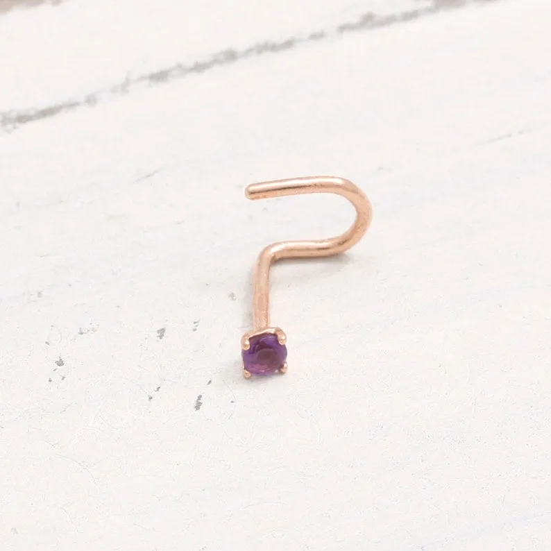 14K 18K Solid Gold Four Prongs Natural Genuine Amethyst Nose Stud Nostril Screw Piercing