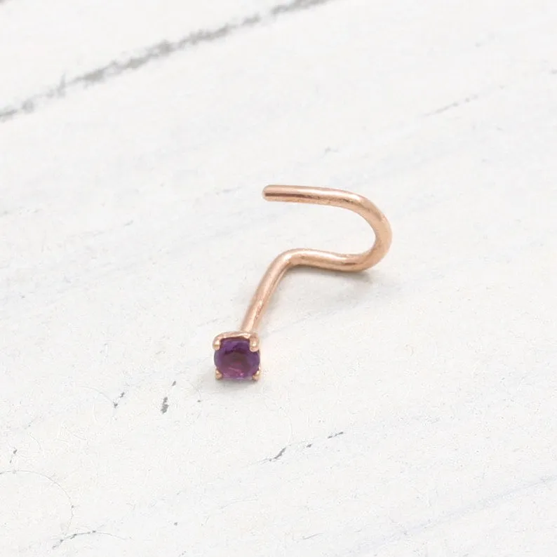 14K 18K Solid Gold Four Prongs Natural Genuine Amethyst Nose Stud Nostril Screw Piercing