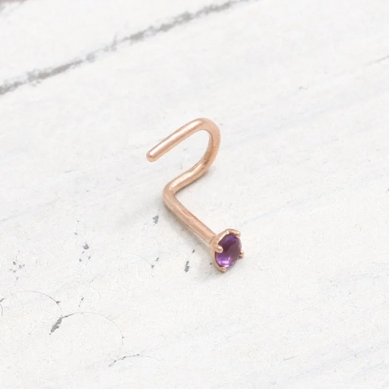 14K 18K Solid Gold Four Prongs Natural Genuine Amethyst Nose Stud Nostril Screw Piercing