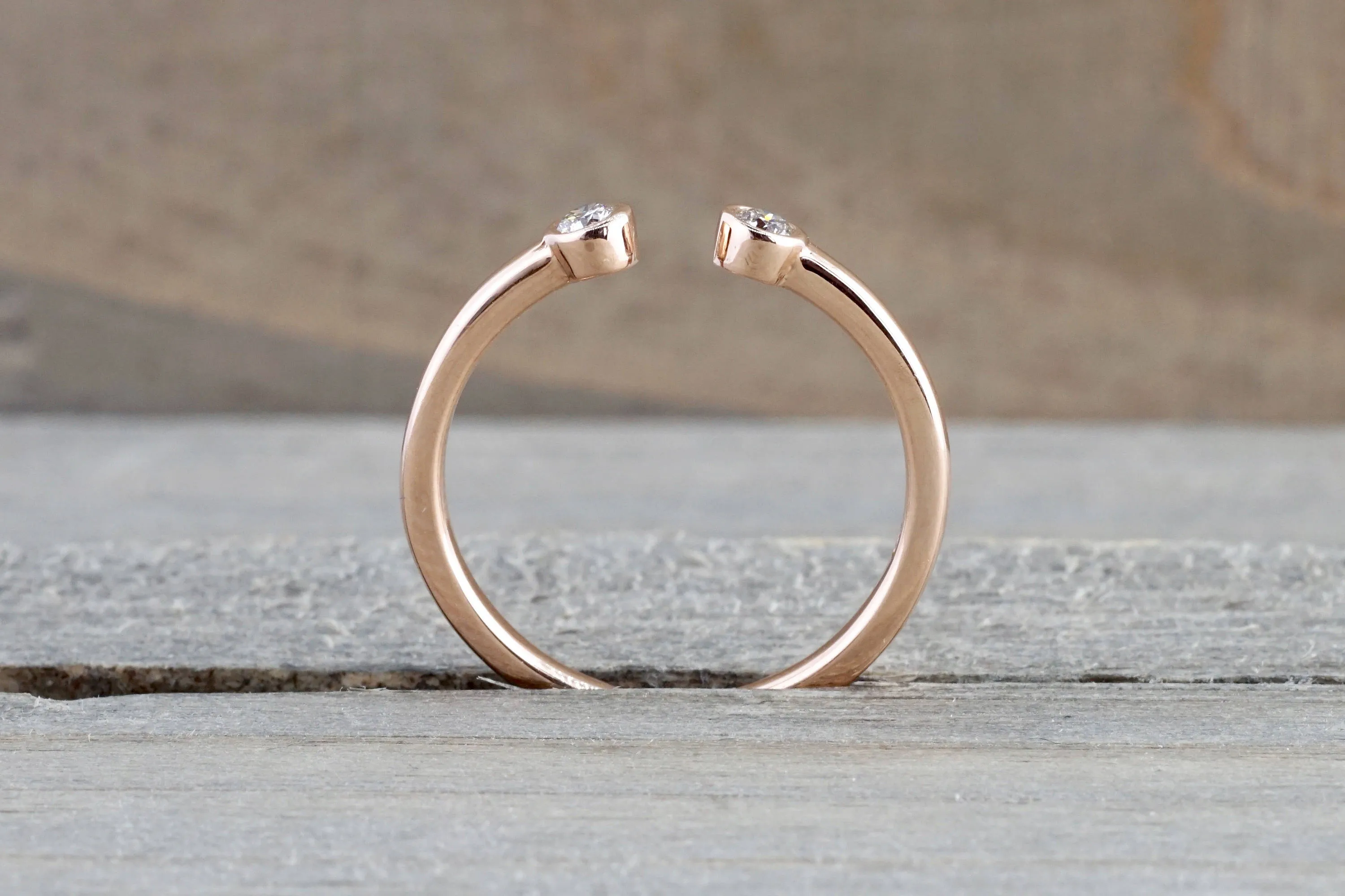 14k Rose Gold Round Cut Diamond Bezel Open Cuff Fashion Stackable Stacking Promise Ring Space