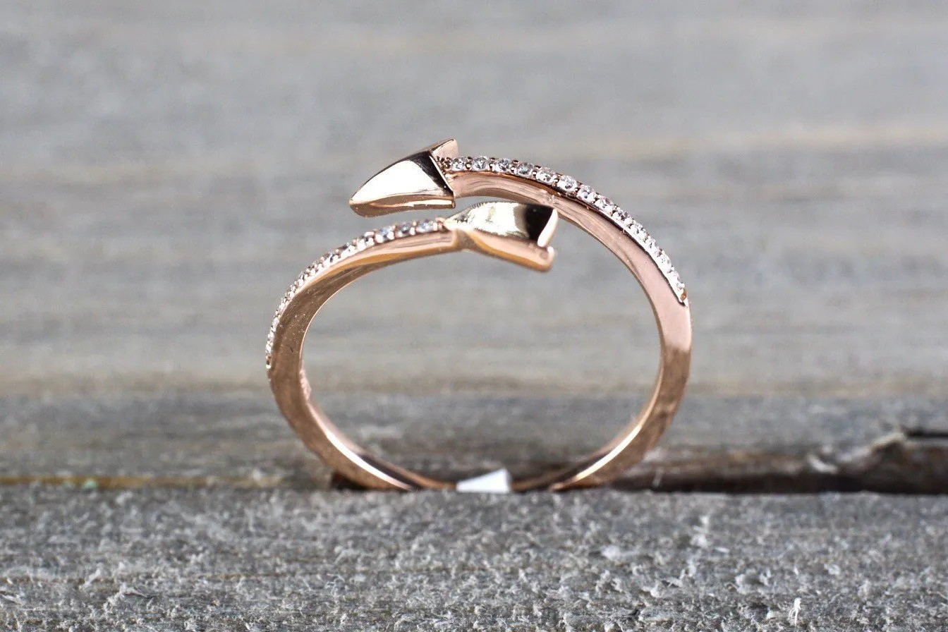 14k Solid Rose Gold Diamond Arrow Open Fashion Ring Band Love Dainty Stackable Loop Catch Stacking