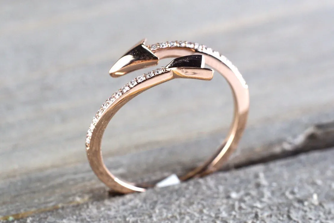 14k Solid Rose Gold Diamond Arrow Open Fashion Ring Band Love Dainty Stackable Loop Catch Stacking