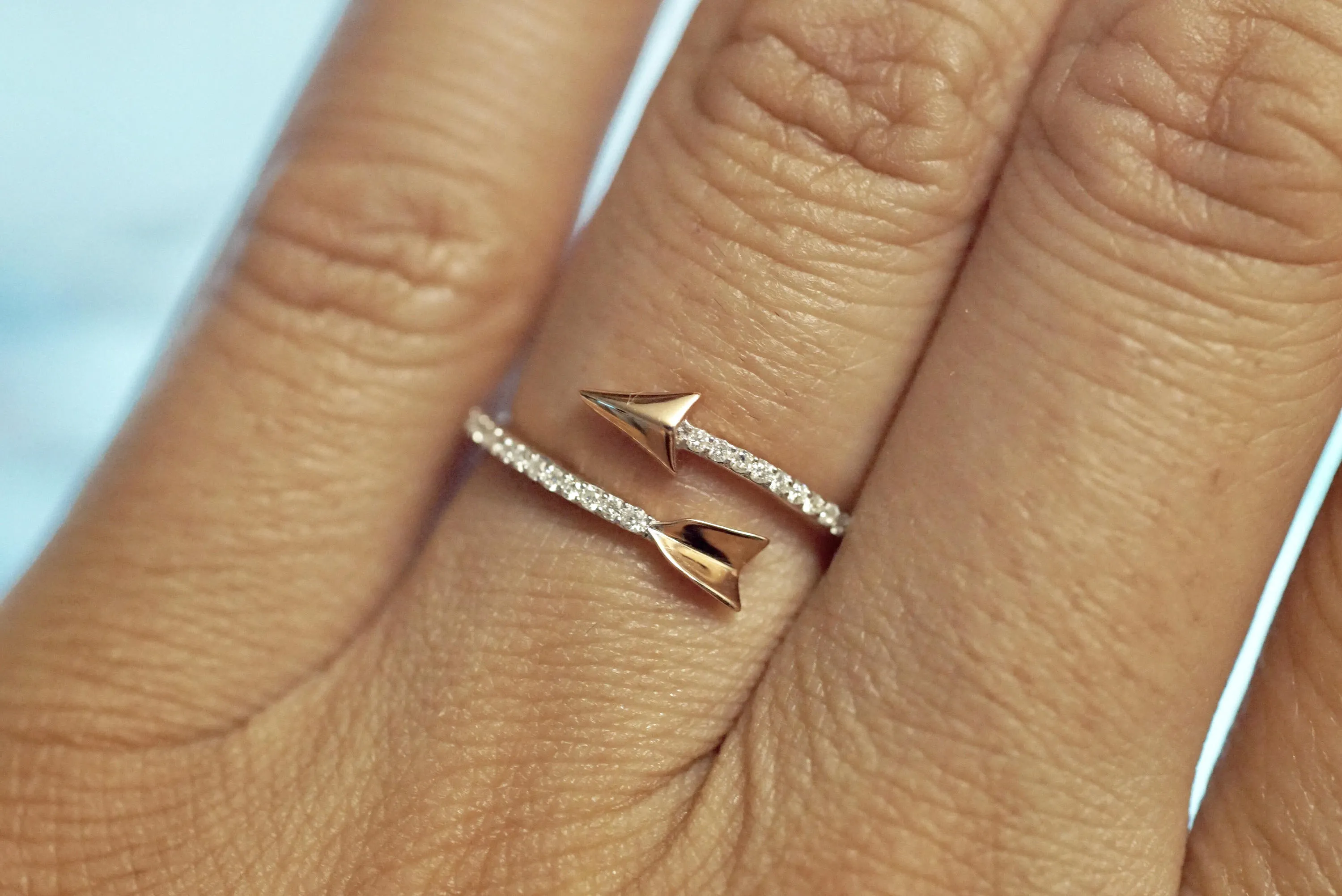 14k Solid Rose Gold Diamond Arrow Open Fashion Ring Band Love Dainty Stackable Loop Catch Stacking