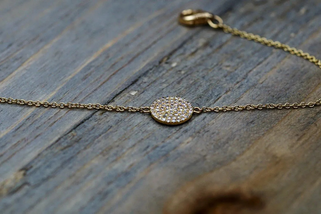 14k Solid Yellow Gold Round Circle Disk Micro Pave Diamond Infinite Charm Bracelet Dainty Love Gift Fashion