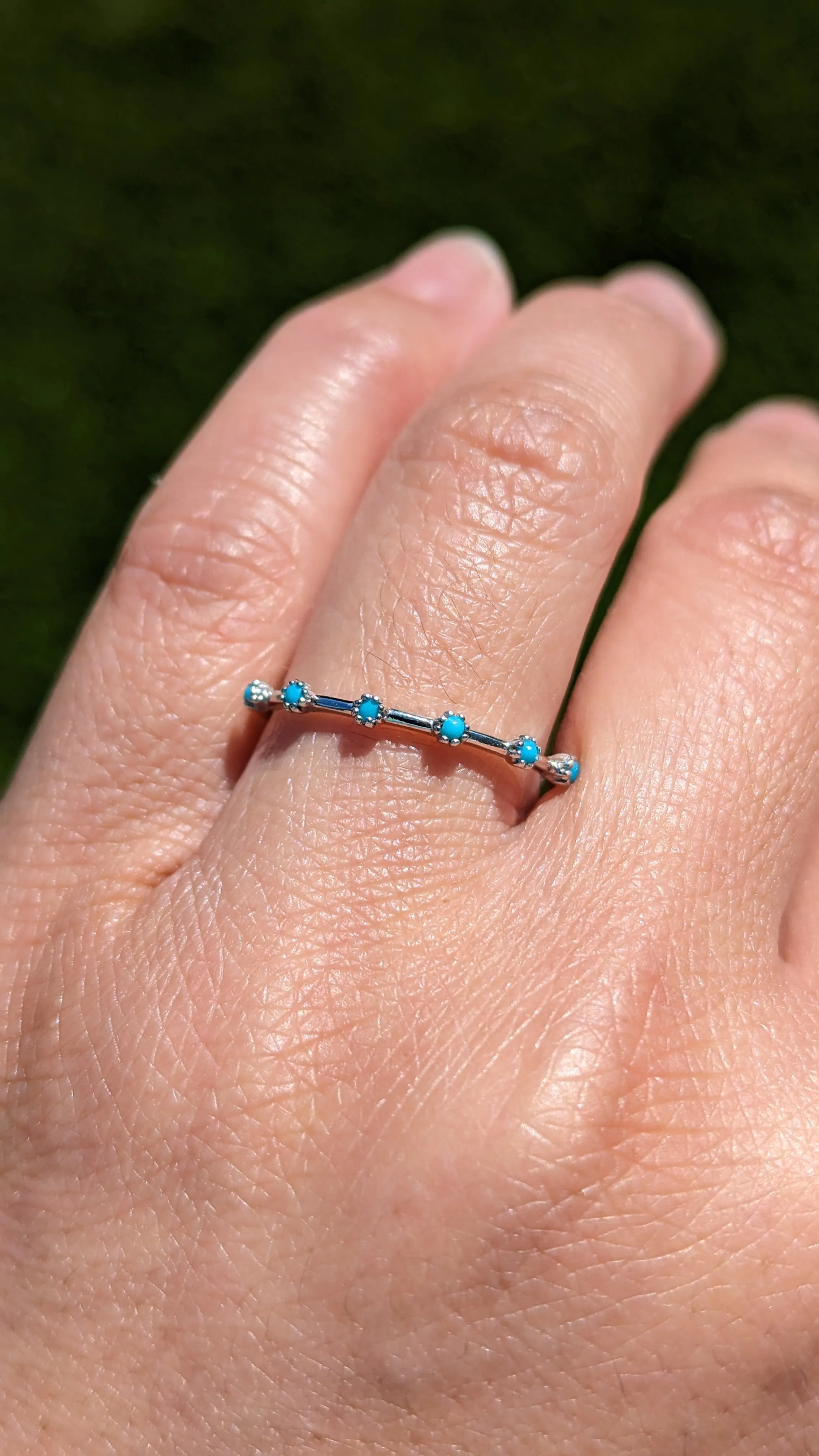 14k White Gold 6 Blue Turquoise Milgrain Stackable Ring