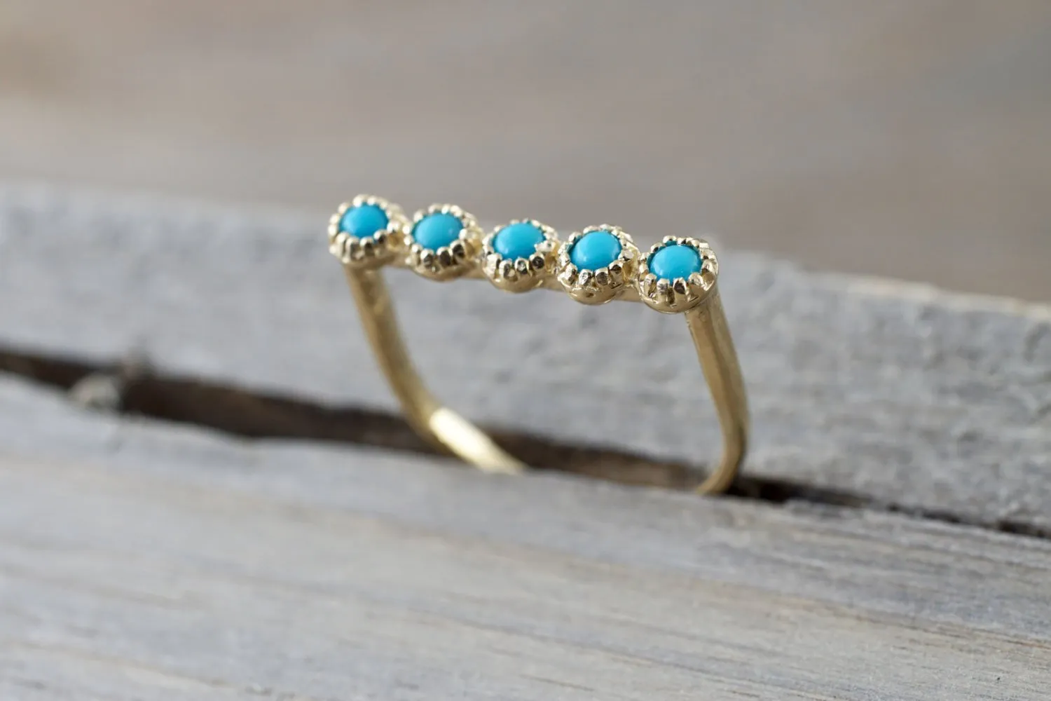 14k Yellow Gold Blue Turquoise Milgrain Stackable Ring