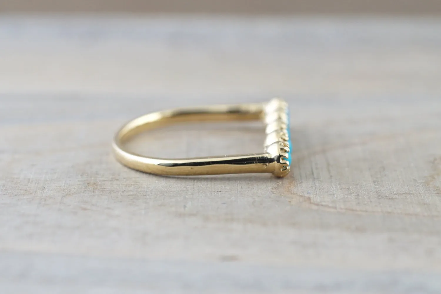 14k Yellow Gold Blue Turquoise Milgrain Stackable Ring