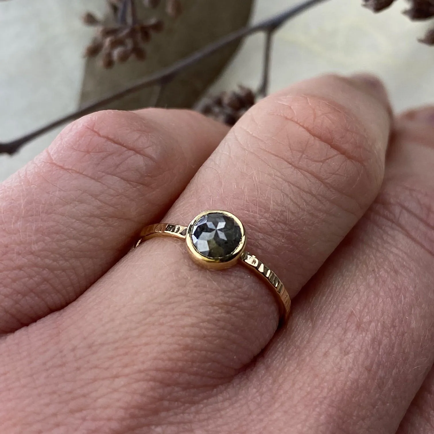 14k Yellow Gold Gray Rose Cut Diamond Ring