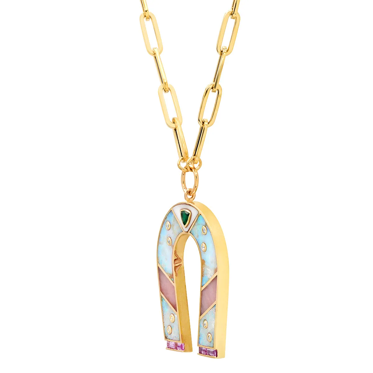 14K Yellow Gold Mini Opal and Pink Opal Horseshoe Necklace