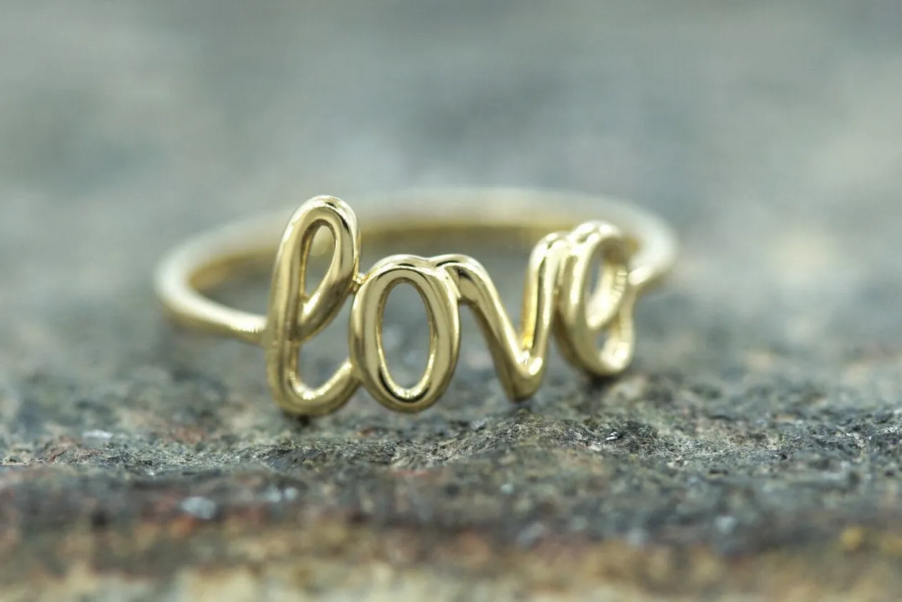 14k Yellow Gold Polished Love Ring Band Promise Anniversary Fashion Solid Dainty Font Text Calligraphy Written Text Handwrite