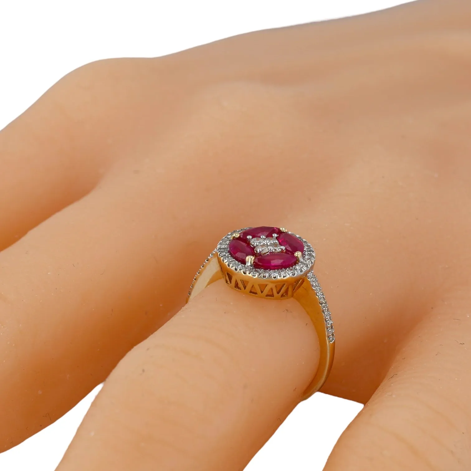 14K Yellow gold red ruby diamonds accents clover ring-19688