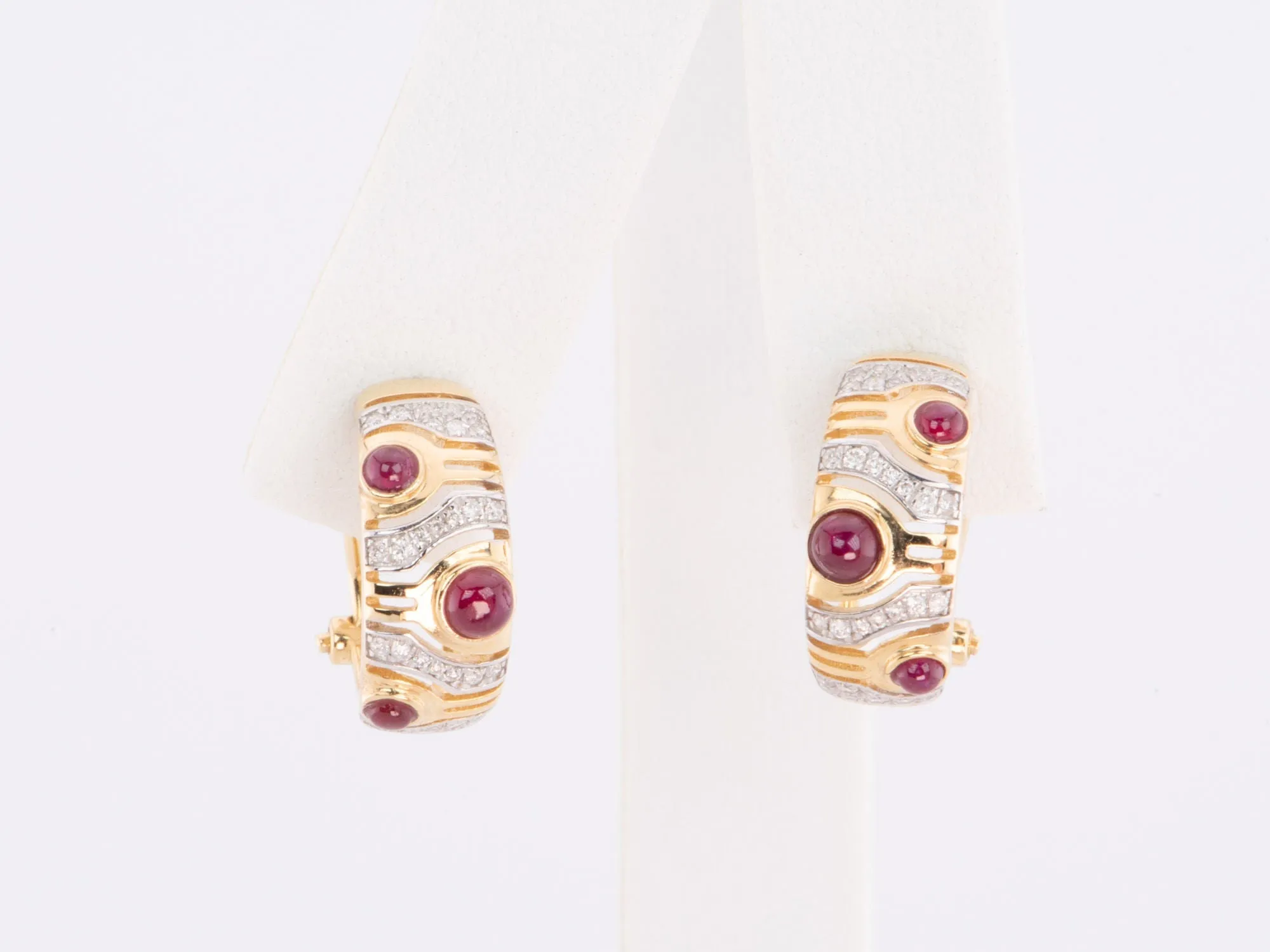 18K Gold Ruby and Diamond Designer Earrings with Omega Clip Backing R3207