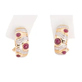 18K Gold Ruby and Diamond Designer Earrings with Omega Clip Backing R3207