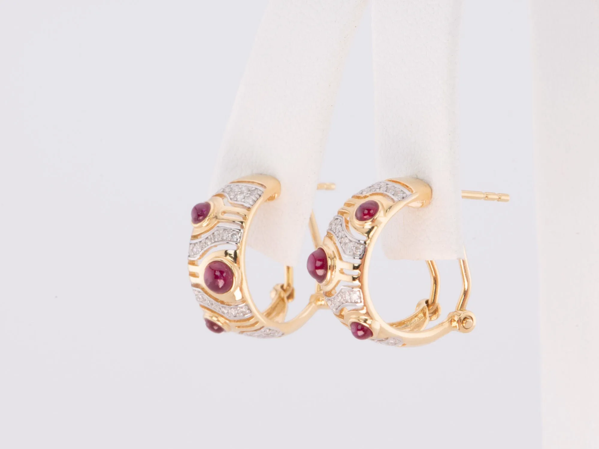 18K Gold Ruby and Diamond Designer Earrings with Omega Clip Backing R3207