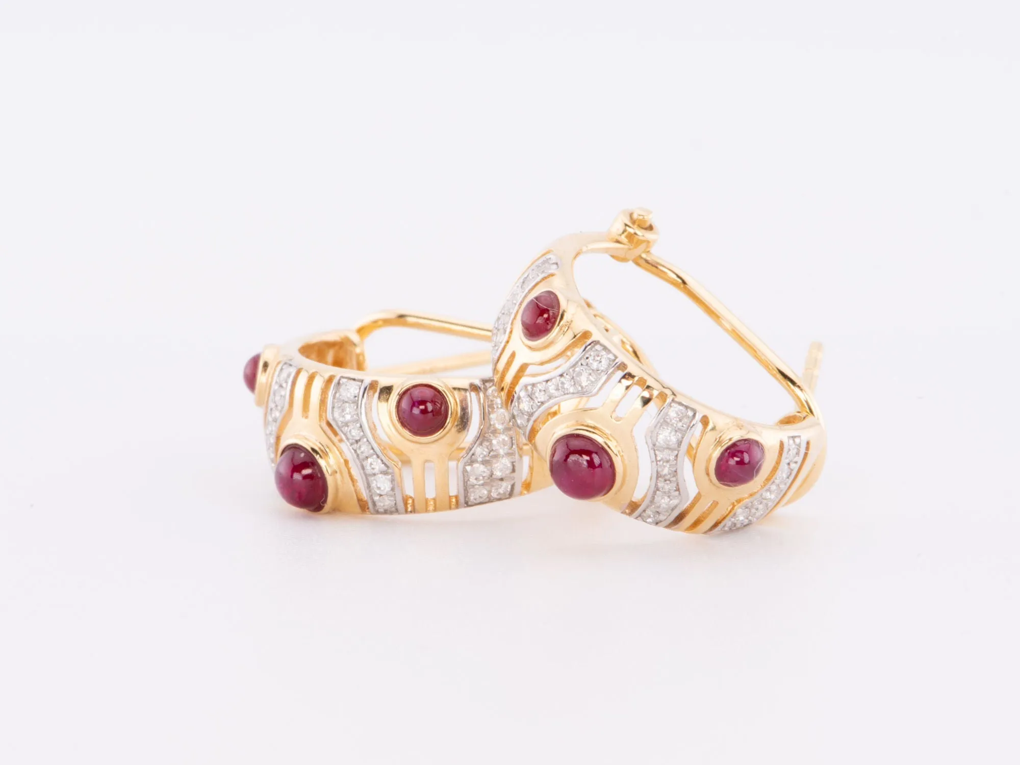 18K Gold Ruby and Diamond Designer Earrings with Omega Clip Backing R3207