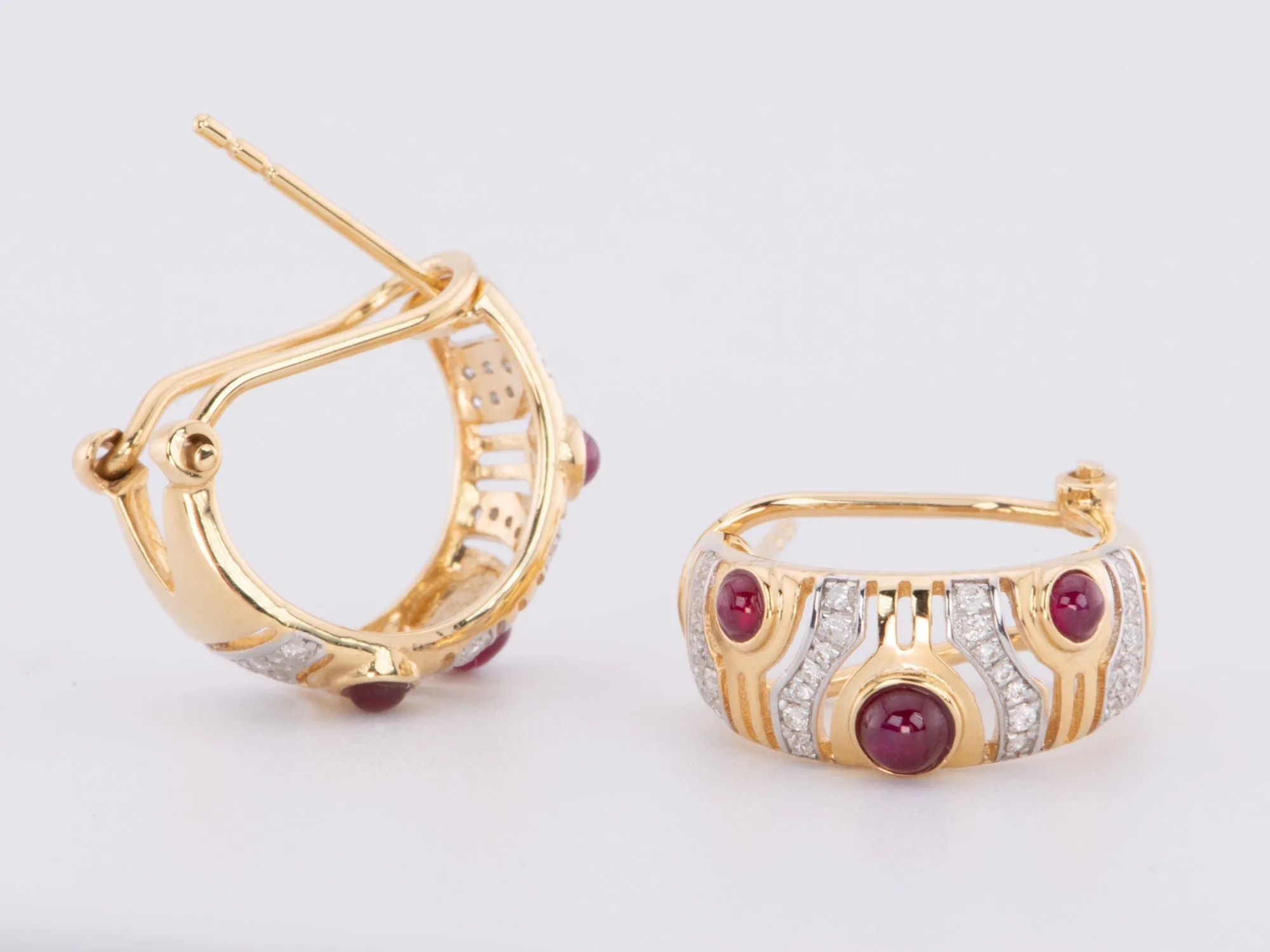 18K Gold Ruby and Diamond Designer Earrings with Omega Clip Backing R3207