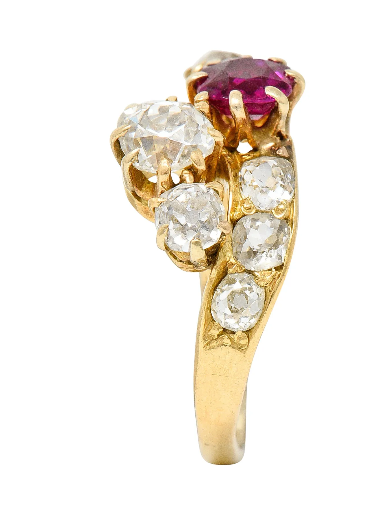 1900 Victorian 1.90 CTW Diamond Ruby 14 Karat Yellow Gold Bypass Ring