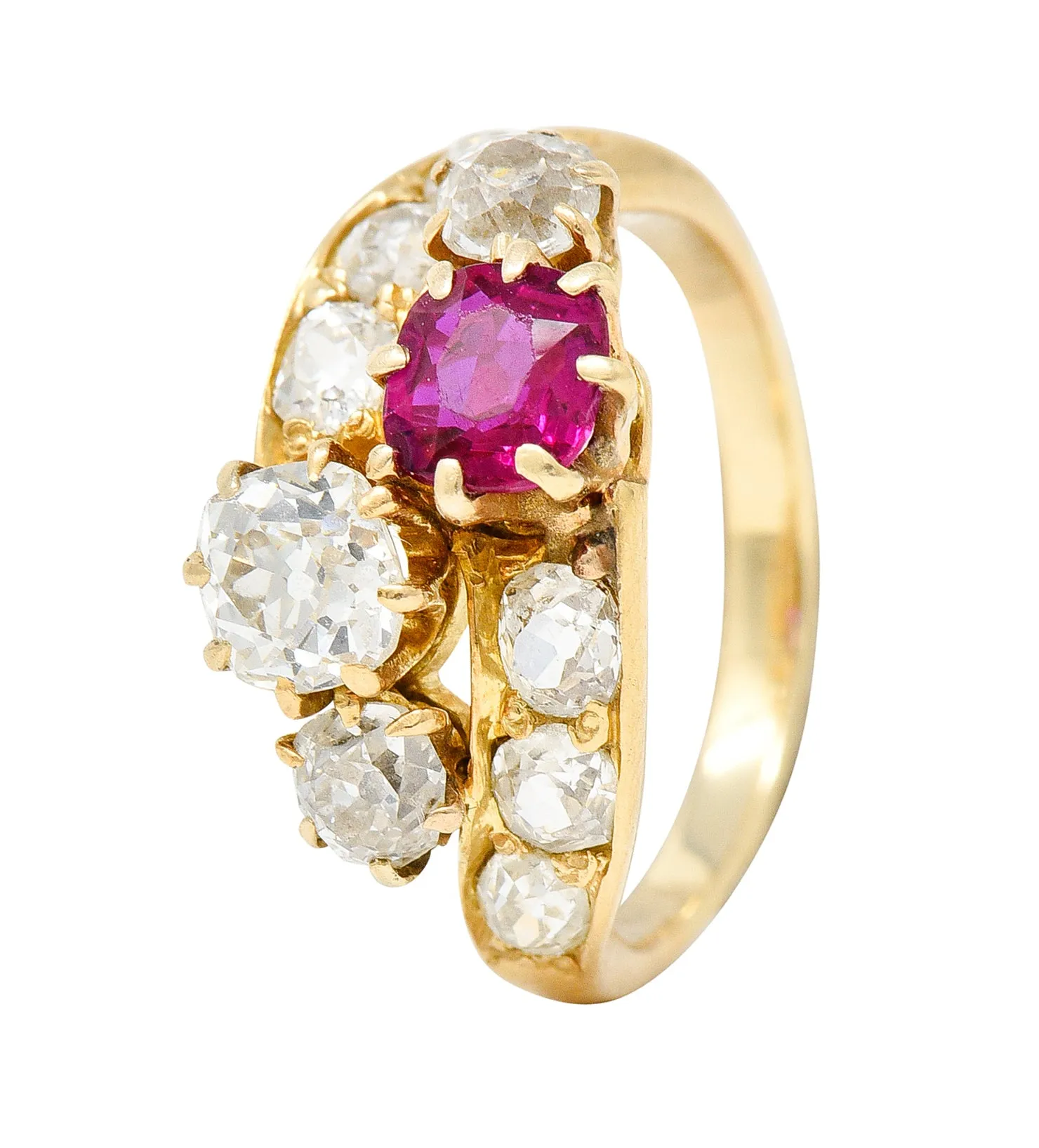 1900 Victorian 1.90 CTW Diamond Ruby 14 Karat Yellow Gold Bypass Ring