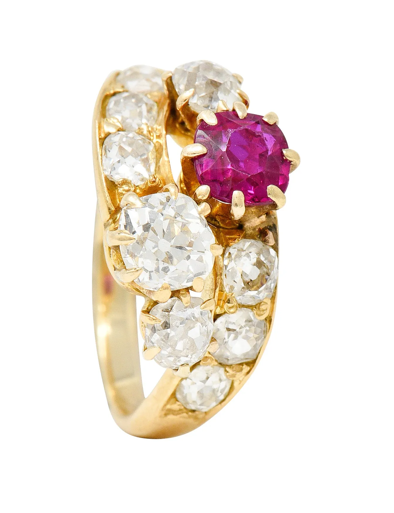 1900 Victorian 1.90 CTW Diamond Ruby 14 Karat Yellow Gold Bypass Ring