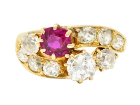 1900 Victorian 1.90 CTW Diamond Ruby 14 Karat Yellow Gold Bypass Ring